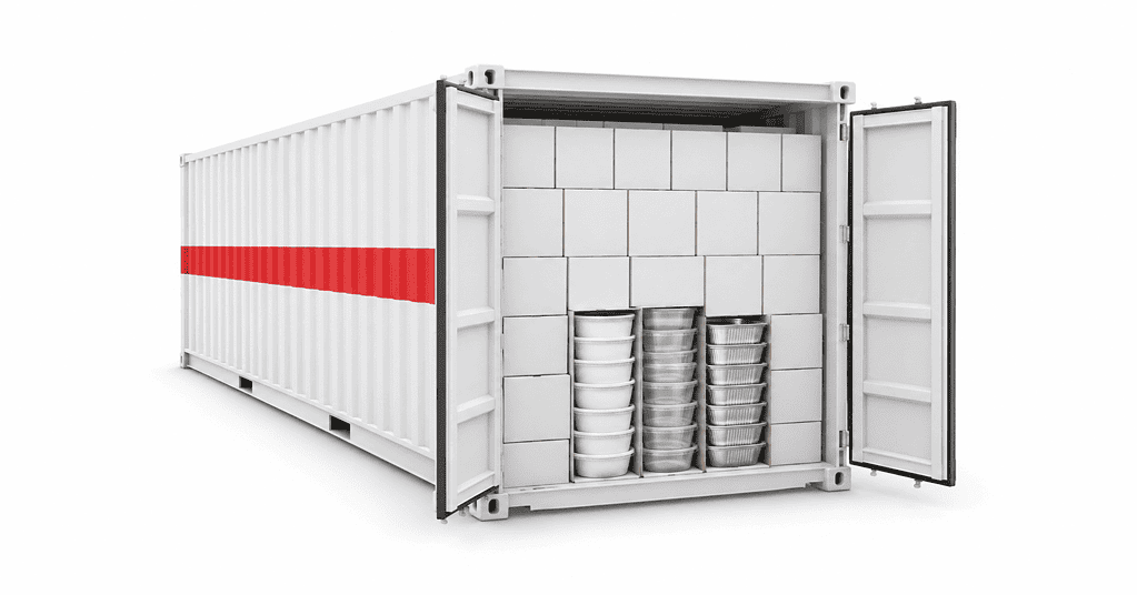 Container load planning for disposable food packaging - nested containers stacked in a 20ft shipping container