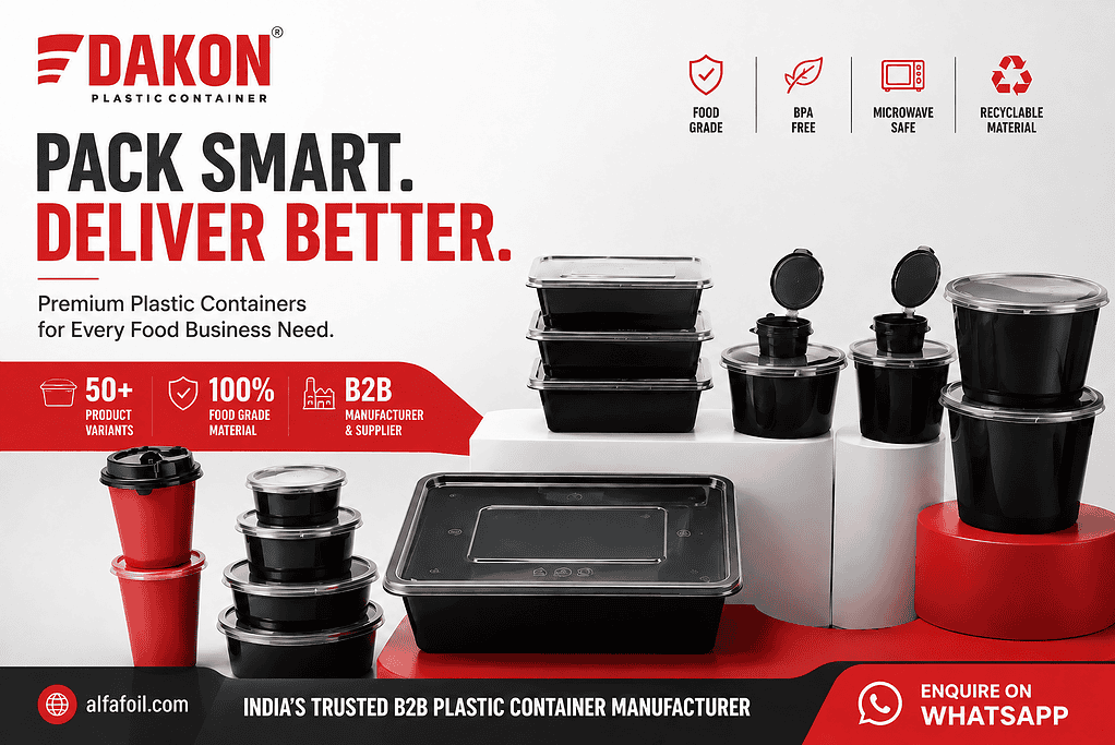 Quick commerce packaging range from Dakon: disposable plastic food containers with clear lids for bulk supply